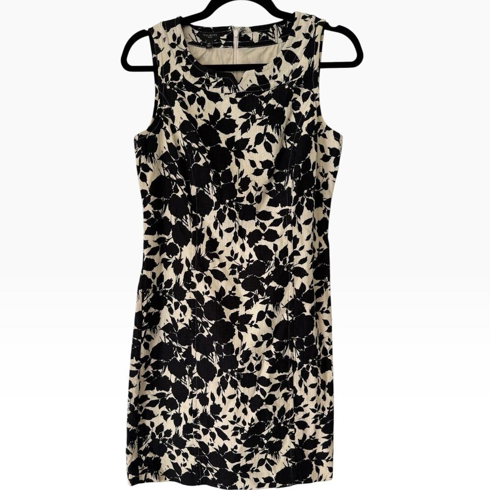 Talbots Textured Cotton Blend Beige Sheath Dress Black Floral Print Size 10P